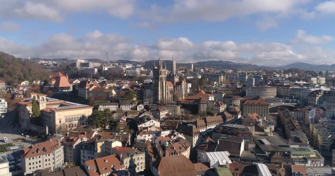 Lausanne cathedral approach morning - Aerial 4K