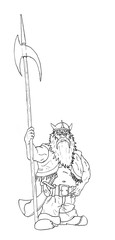 Black and white ink artistic rough hand drawing of fantasy dwarf holding big halberd or axe.