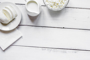 dairy products for proteic meal on white background top view moc