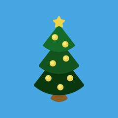 Christmas tree with balls flat icon isolated on blue background. Simple Christmas sign symbol in flat style. New year and winter elements Vector illustration for web and mobile design.