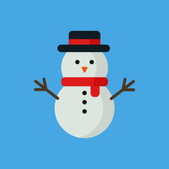 Snowman flat icon isolated on blue background. Simple Christmas sign symbol in flat style. New year and winter elements Vector illustration for web and mobile design.
