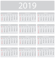 Minimalistic 2019 calendar - week starts with sunday