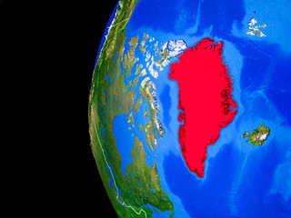 Greenland from space on realistic model of planet Earth with country borders and detailed planet surface.