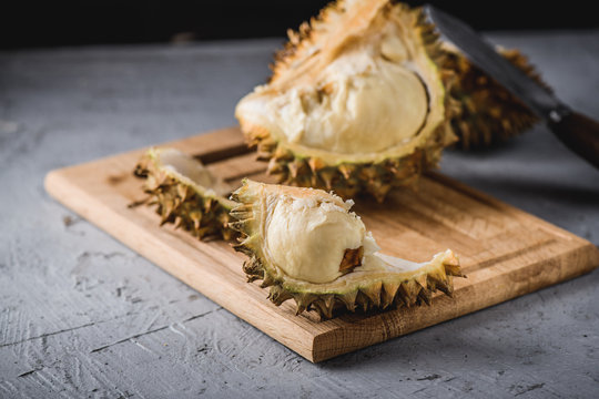Durian exotic fruit from Asia on concrete table