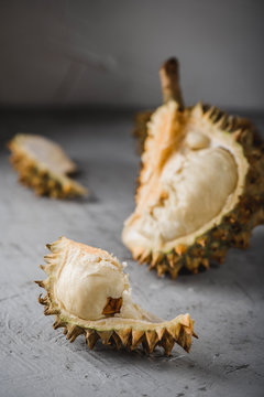 Durian exotic fruit from Asia on concrete table