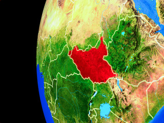 South Sudan from space on realistic model of planet Earth with country borders and detailed planet surface.