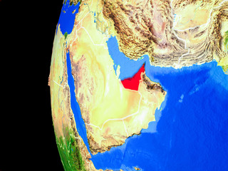 United Arab Emirates from space on realistic model of planet Earth with country borders and detailed planet surface.