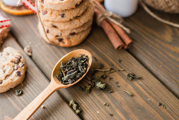 Tea and wooden spoon, The cookies are tied together with ribbons with cinnamon