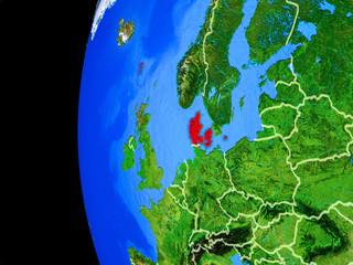 Denmark from space on realistic model of planet Earth with country borders and detailed planet surface.