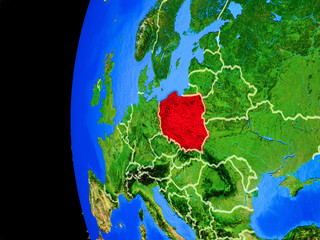 Poland from space on realistic model of planet Earth with country borders and detailed planet surface.