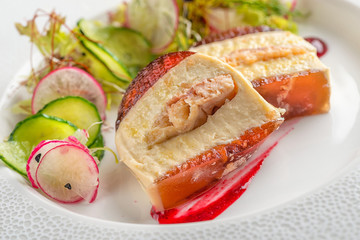 delicious apetizer with fresh vegetable served on white plate, modern michelin food
