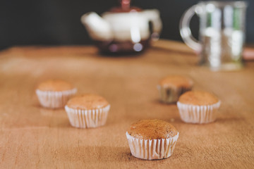 Bakery fresh banana cup cake hot from oven , home made food.
