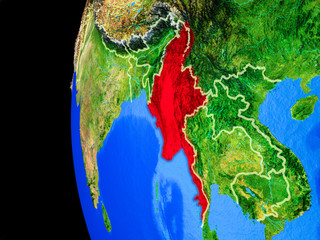 Myanmar from space on realistic model of planet Earth with country borders and detailed planet surface.