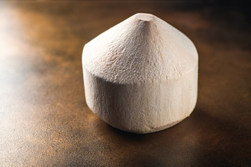 Coconut water drink on table. Exotic fruits with milk beverage. Healthy food with vitamin