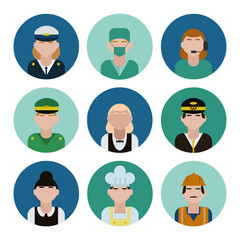 Set of Circle Flat Icons with peoples of Different Professions. Avatars of professions characters vector illustrations.