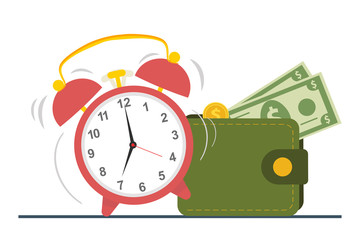 The concept of managing your time and money. Time is money or time to pay. Financial planning, deadline and time management, payment day. Vector illustration.