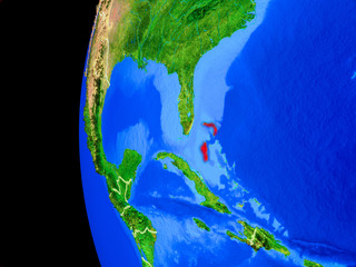 Bahamas from space on realistic model of planet Earth with country borders and detailed planet surface.