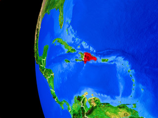 Dominican Republic from space on realistic model of planet Earth with country borders and detailed planet surface.