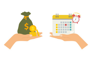 The concept of managing your time and money. Time is money or time to pay. Financial planning, deadline and time management, payment day. Vector illustration.