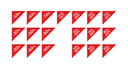 Discount red corner banners. Price discount and sold out triangular vector left corner label set.