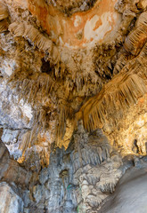 View of interior of Famous Nerja Caves with Magnificent Stalactites and Stalagmites in Andalusia, Spain Geological formations in Nerja, Malaga, Spain