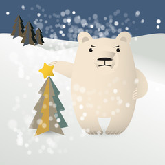 Polar bear decorates Christmas tree
