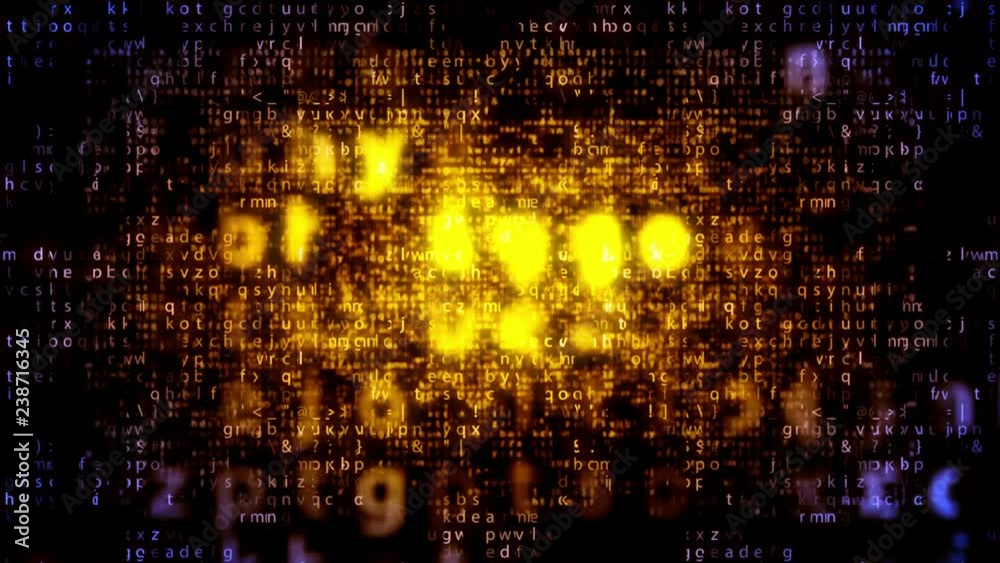 Poster impressive 3d rendering of sparkling golden matrix letters falling down quickly in the dark blue bac