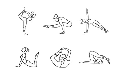 Yoga asanas linear icons set, girl practicing yoga, collection of yoga poses vector Illustration on a white background