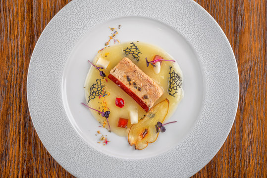 delicious apetizer with fresh vegetable served on white plate, modern michelin food
