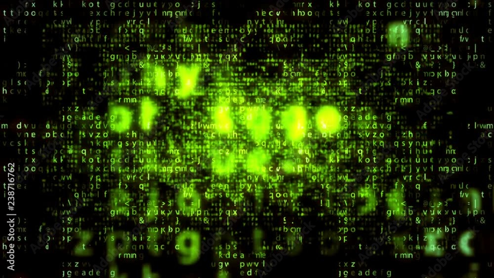 Wall mural exciting 3d rendering of shimmering salad matrix letters plummeting down quickly in the black backgr