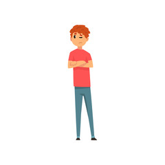 Young man standing with folded hands and looking at something vector Illustration on a white background