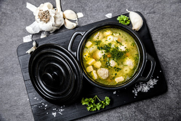 fresh vegetable soup on the feast day as a top view