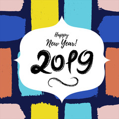 2019 Happy New Year Cute greeting card on hand drawn messy background. Sketcy kids Holidays banner, sticker, tag, brush stroke wallpaper.