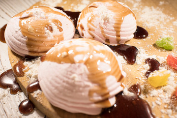 zephyr poured syrup on the table. very tasty dessert