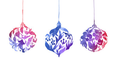 Christmas balls of ornamental flower of pink, purple and blue colors. Watercolor illustration