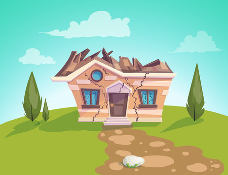 house destroyed facade Vector. Cracks in walls of home. Property insurance. Illustration of a cartoon country house in summer season