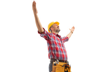 Constructor holding hands up as success sign.