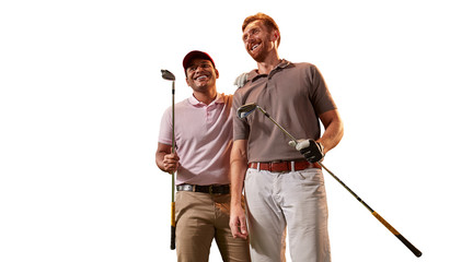 Two male golf players on white background. Isolated smiling golfers with golf clubs