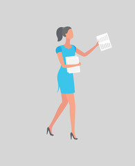 Woman in Blue Dress, High Heels with List of Paper
