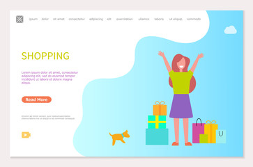 Shopping webpage template, happy woman, packages