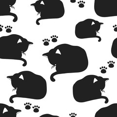 Sleeping cats, paw prints, hand drawn backdrop. Black and white seamless pattern with animals. Decorative cute wallpaper, good for printing. Overlapping background vector. Design illustration