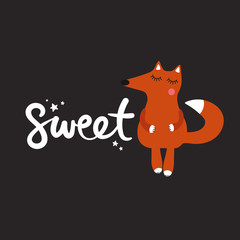 Hand drawn illustration with happy fox, stars and lettering. Colorful background vector. Sweet, poster design. Decorative backdrop with english text, animal. Funny card, phrase