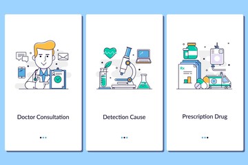 Online medical support, Mobile medical apps.Doctor, nurse, clinic, treatment, anamnesis. Medical service steps graphic instructions. UX, UI, GUI vector illustration