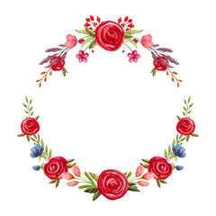 Watercolor floral wreath with red roses. Hand painted flowers illustrarion.