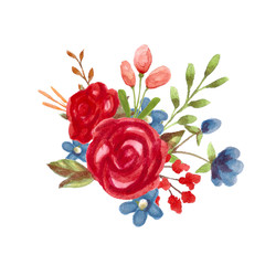 Watercolor floral bouquet with red roses. Hand painted flowers illustrarion.
