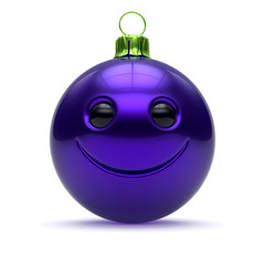 Funny Christmas ball face blue New Year's Eve bauble cartoon decoration cute. Merry Xmas cheerful boss person laughing character adornment. 3d illustration