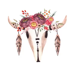 Fototapete Boho Aquarell Boho Schädel von Kuh, Büffel, Tier mit Blumen und Pfeilen. Druckbare Postervorlage für Wallart.