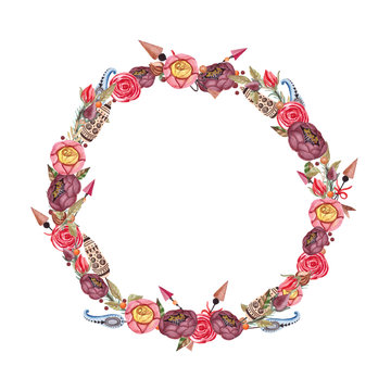 Watercolor botanical, floral wreath. Template for cards,wedding invitations.Botanical illustration in boho style with arrows and feather.