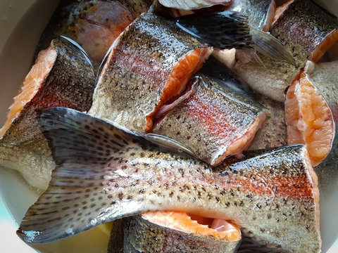 sliced Sevan fish in saucepan