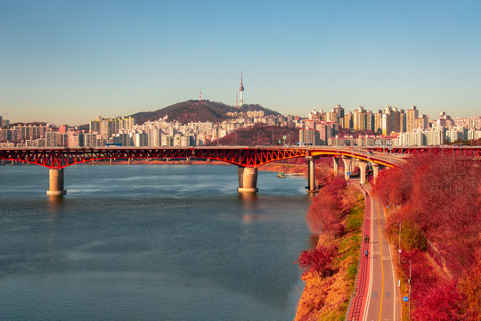 seoul city at han river with n seoul tower background.